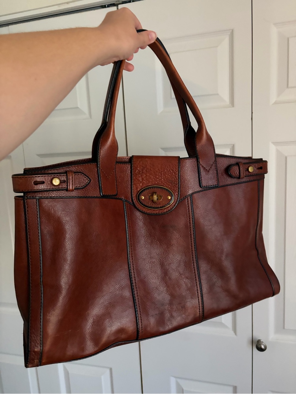 Fossil Vintage Brown Leather Tote Handbag Computer Bag